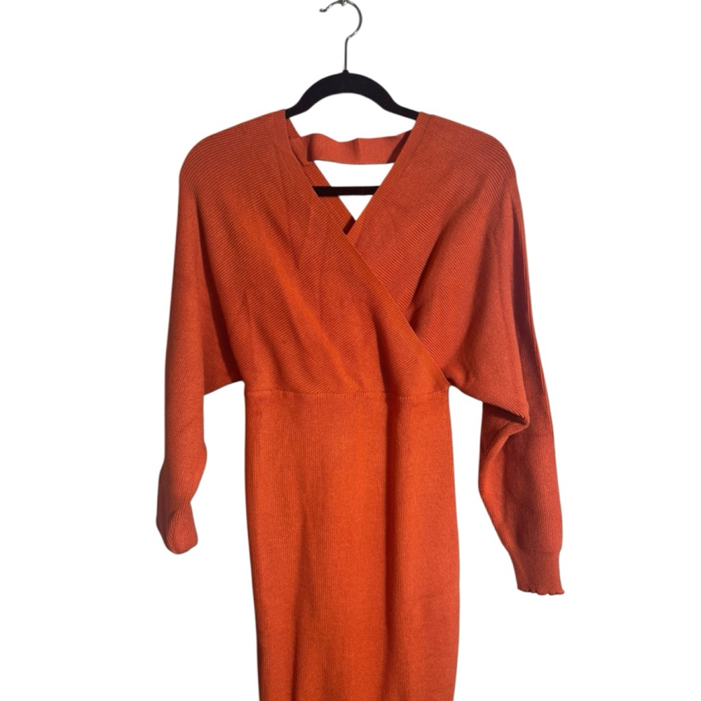Size L Long Sleeve Ribbed Fall Winter Long Sleeve Wrap Midi Dress Burnt Orange - Picture 2 of 7